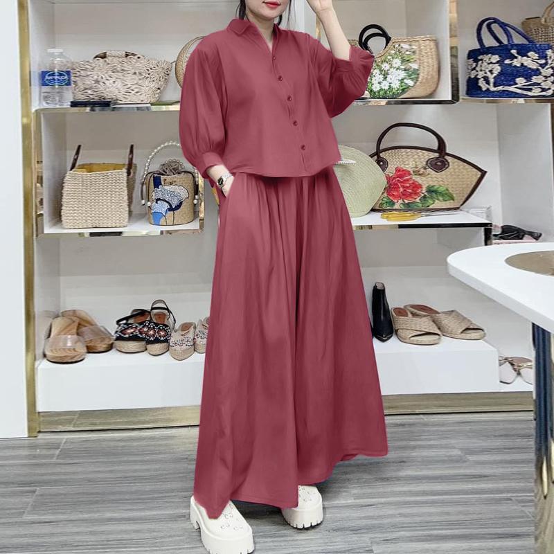 

ZANZEA Женская блузка с рукавом 3/4 и широкие брюки, повседневный комплект из двух предметов 2XL розовый