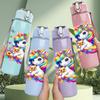 1PC Rainbow Mane Unicorn Cartoon Print 750ml Color Plastic Sports Water Bottle Leakproof Flip Straw Lid Suitable for Sports Office Home Use