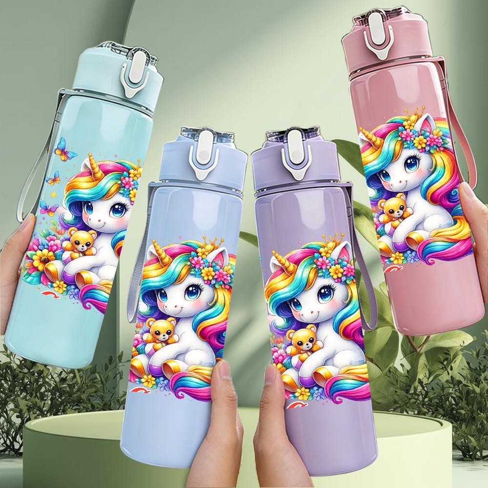 1PC Rainbow Mane Unicorn Cartoon Print 750ml Color Plastic Sports Water Bottle Leakproof Flip Straw Lid Suitable for Sports Office Home Use