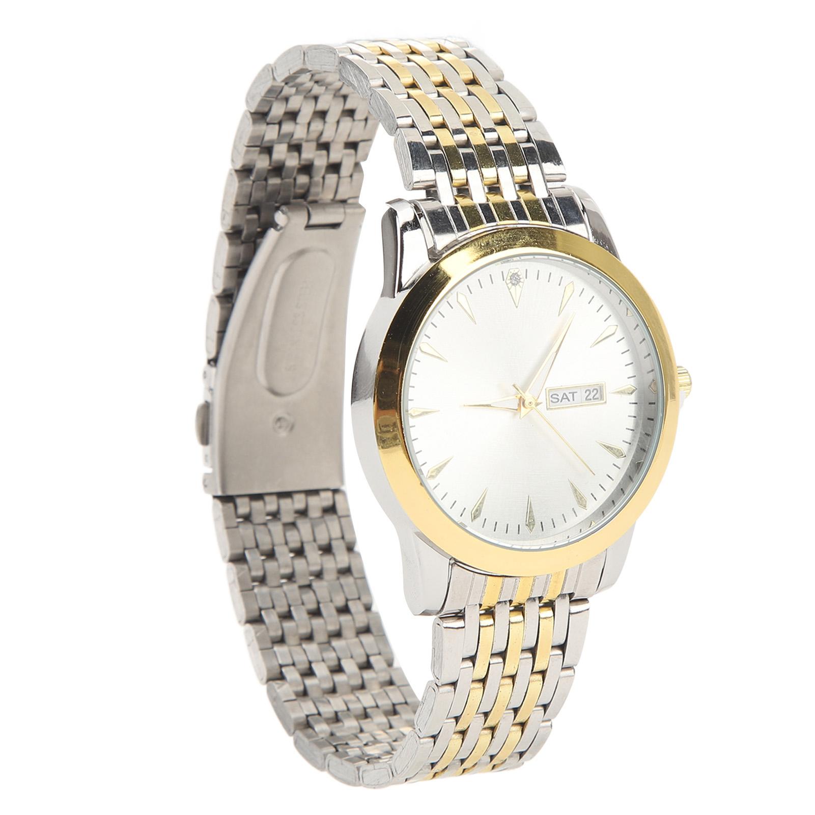 

Кварцевые мужские часы Коммерческие Двойная дата Стильные Классические кварцевые часы из нержавеющей стали для делового костюма Золотые и белый