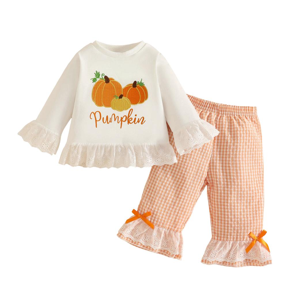 Kleinkind Mädchen Halloween Kürbis Stickerei Langarm Rundhals Pullover Sweatshirt und Elastische Taille Ausgestellte Hose Set