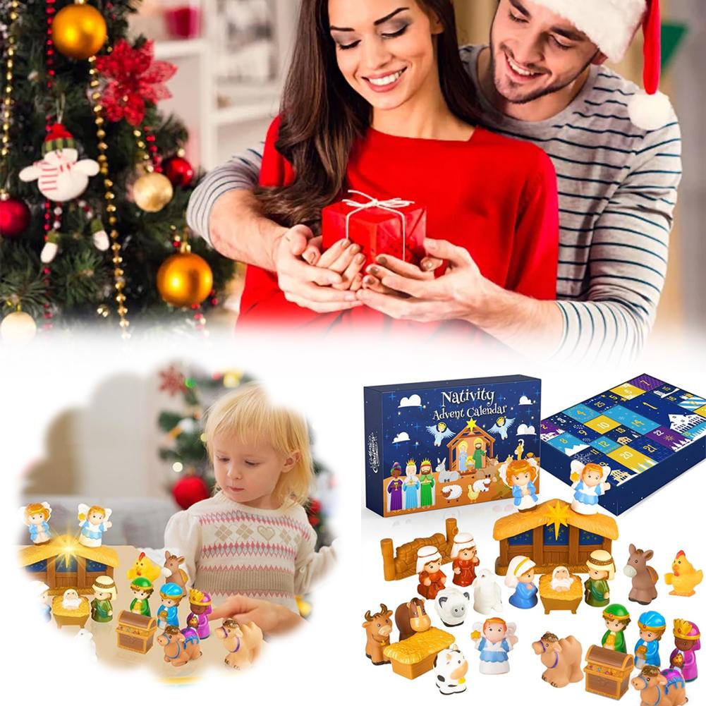 Krippenset Adventskalender 2025, Krippenset Figuren für Kinder Weihnachts-Countdown-Kalender mit 25 Überraschungen Tischszene Figur