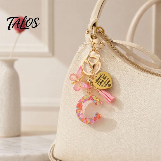 Talos Keychain Pendant, Sequins Initial Letter Charm Key Chain with Butterfly Tassel Stainless Steel Heart Design, A-Z Holder for Bag Purse Backpack