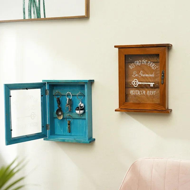 Vintage Wall-Mounted Key Storage Box with Openable Door Wooden Entryway Decor Handcrafted Wall Art Organizer