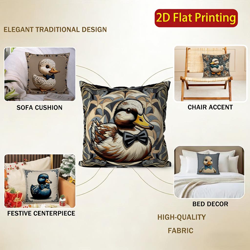 2D Adorable Bow-Tied Duck-Patterned Cushion Covers Pattern Cushion Cover Suitable For Sofa Bedroom Car Pillow Cover