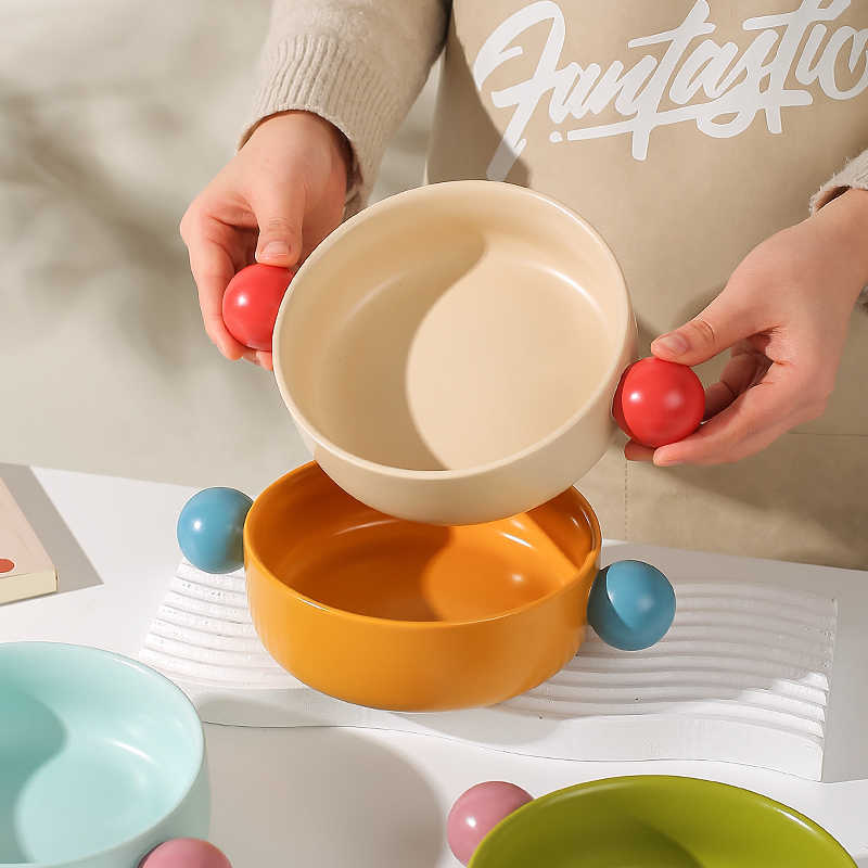 Creative Contrast Color Salad Bowl Ceramic Binaural Handle Bowl Fruit Salad Bowl Instant Noodle Bowl Microwave Oven Baked Rice Bowl