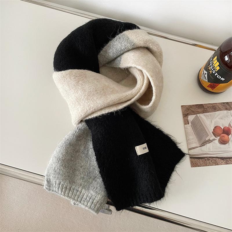 Korean Style Winter Warm Wool Scarf for Women Design Striped Elastic Knitted Scarves Female Bandana Thick Neckerchief Shawl