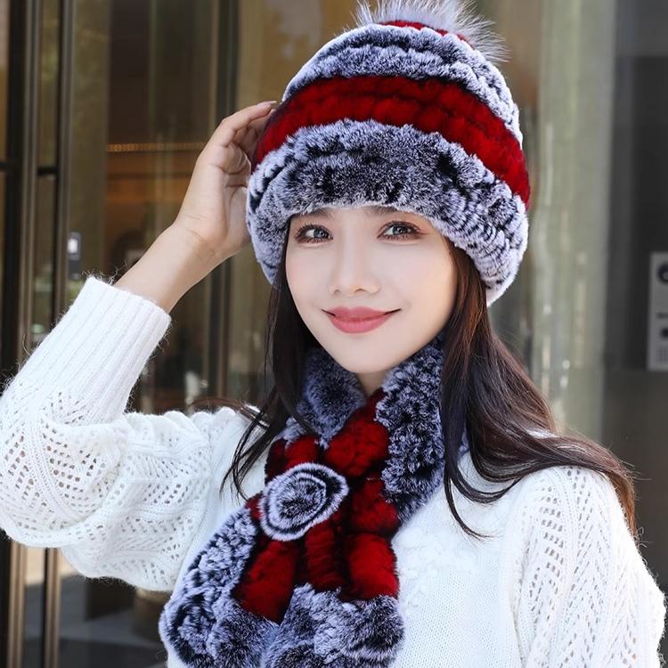 Fur Hat Female Autumn and Winter Rex Rabbit Hair Warm Ear Protection Scarf Two-piece Set Middle-aged and Elderly Grandma Casual Mother Hat