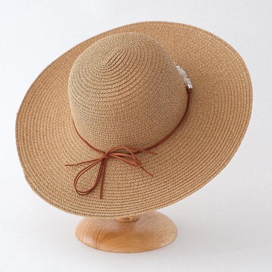 Beach Hat with Imitation Pearl Accents Full Face Sun Protection Flat Top Large Brim UV Blocking Summer Straw Hat