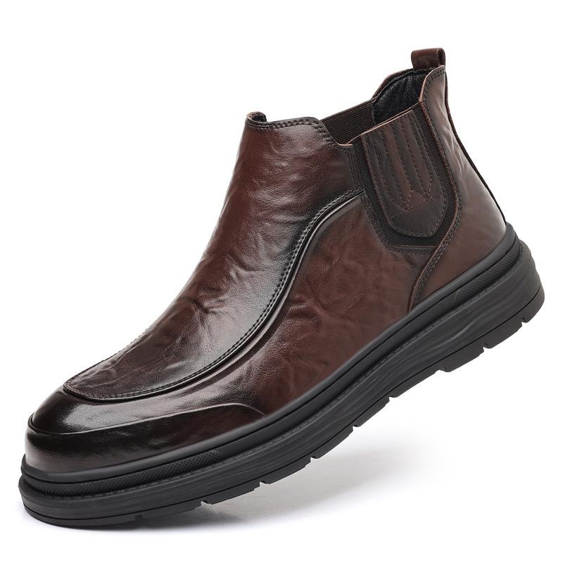 Britain Gentleman Chelsea Ankle Boots Round Head Trendy Patent Leather Shoes Men Dress Footwear Male Black Brown High-Top Shoes