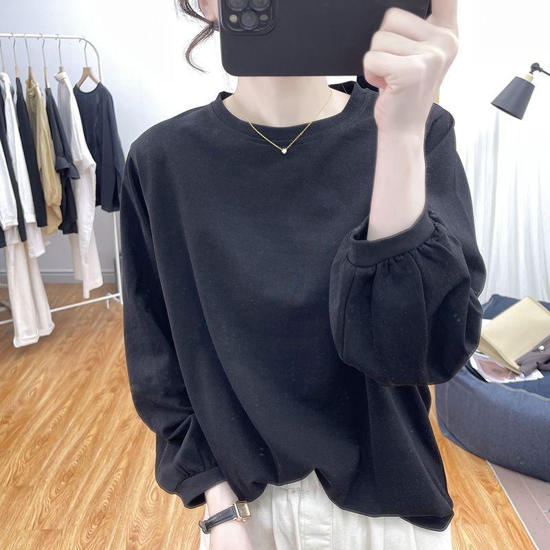 Yellow Crew Neck Lantern Sleeve Loose Long Sleeve T Shirt for Women