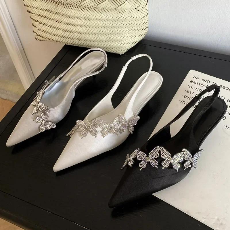 Sexy Seide Strass Schleife Spitzzehe Dünner Niedriger Absatz Damen Einzelne Schuhe 2025 Elegant Kleid Bankett Schleife Marke Hohe Absätze Weiblich