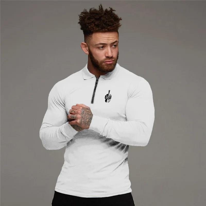 Muscleguys Herren Langarm Poloshirts Reißverschluss Umlegekragen Herbst Bodybuilding Fitness Tops Slim Fit