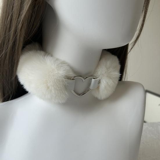 Fluffy Choker Collar Detachable Fuzzy Necklace Alloy Heart Faux Fur Choker Necklace for Women Men Daily Wear Date Parties