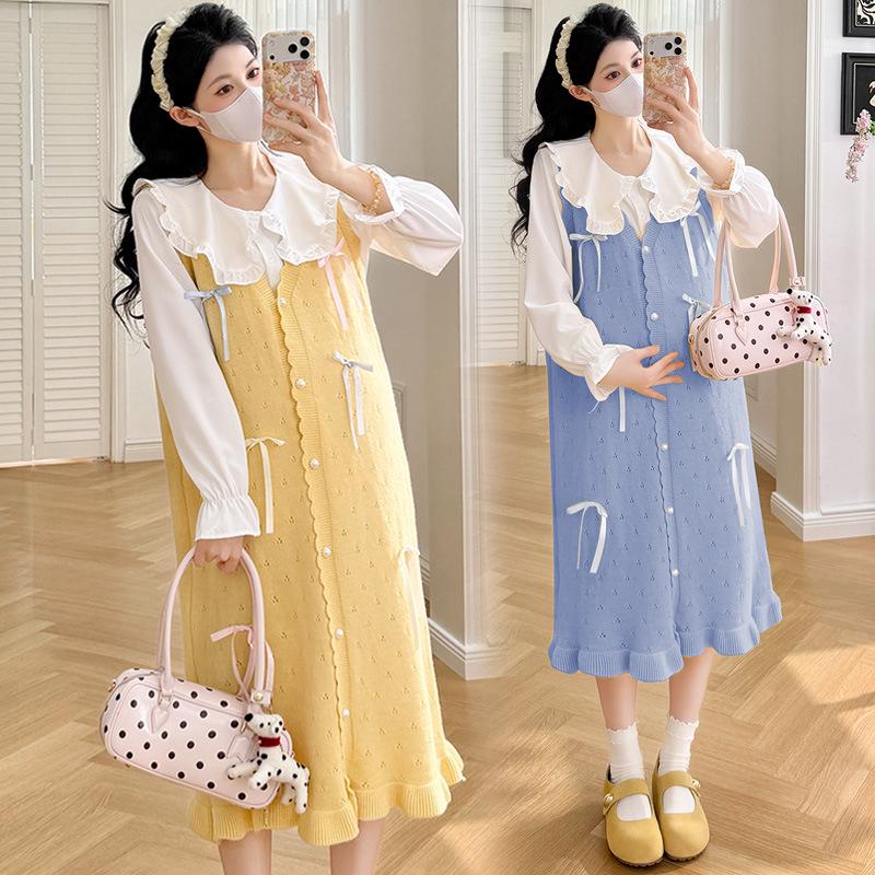 2026 Spring Age-Defying Doll Collar Shirt & Candy Color Knit Vest Dress Set for Pregnant Women L