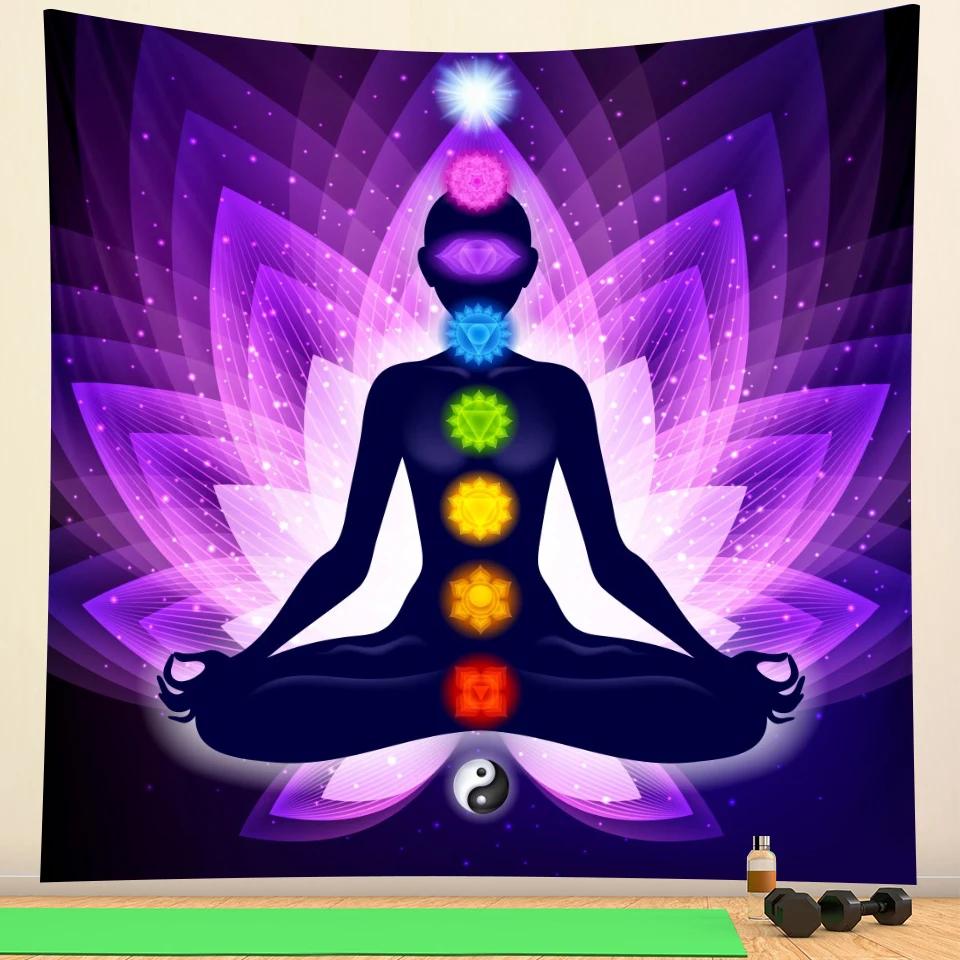 VIKAMA Yoga Meditation Set Buddha and Chakra Mandala Tapestry with Matching Mat NonSlip Yoga Mat Suitable for Yoga Studios 74x94cm(29x37in)