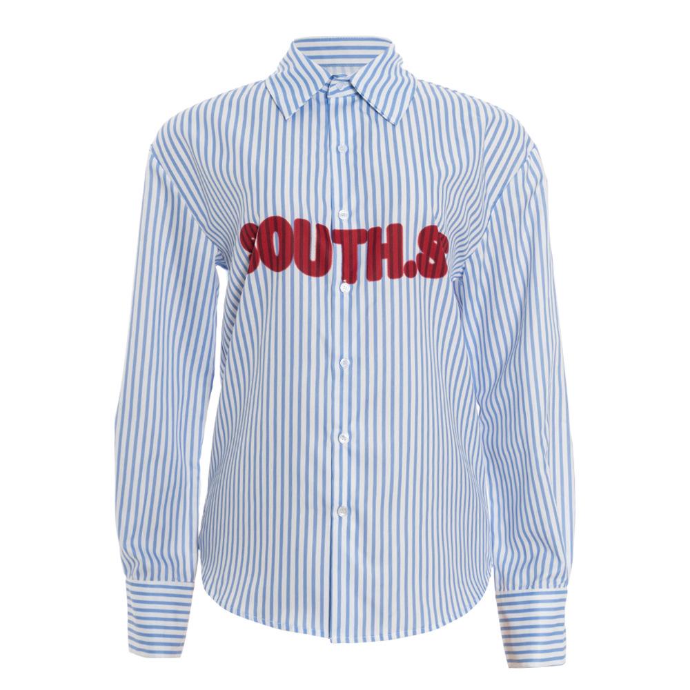 European & American Cross-border Striped Letter Print Loose Long Sleeve Plus Size Shirt Small синий