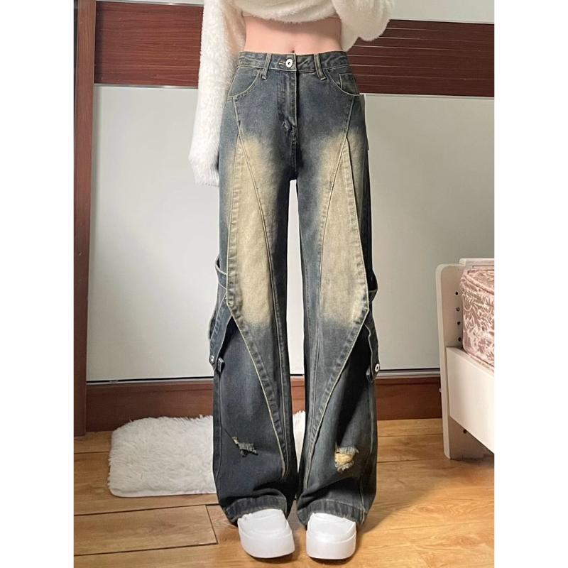 

Women s High-Waisted Distressed Flared Jeans Gradient Color Cargo Pocket Denim Pants S синій