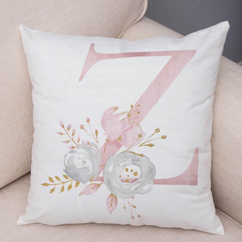 

English Flower Pink Letter Print Pillow Case for Sofa Home Car Chidren Room Decor Floral A-Z Cushion Cover Plush Pillowcase 45x45cm18x18Inch