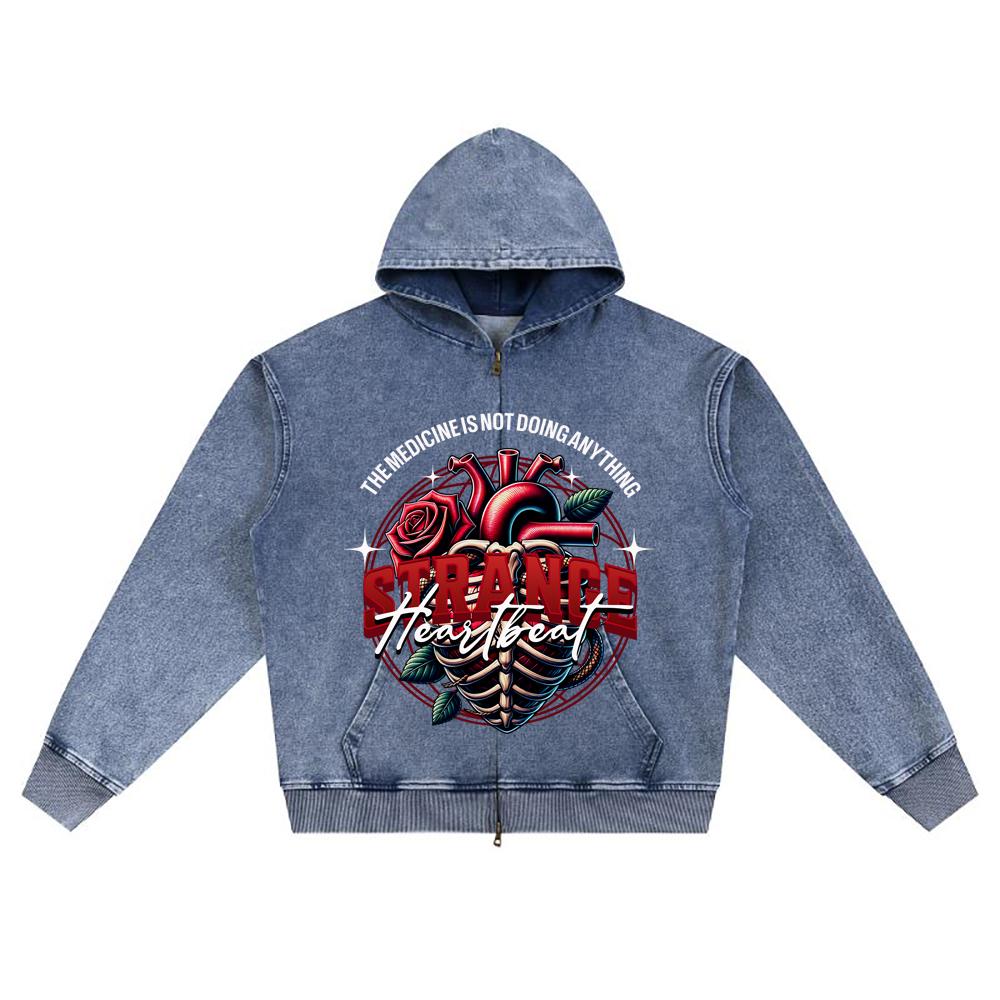 DTG Print Knitted Denim Zip-Up Hoodie Strange Heartbeat T Shirt Brother Print Zipper Hoodies