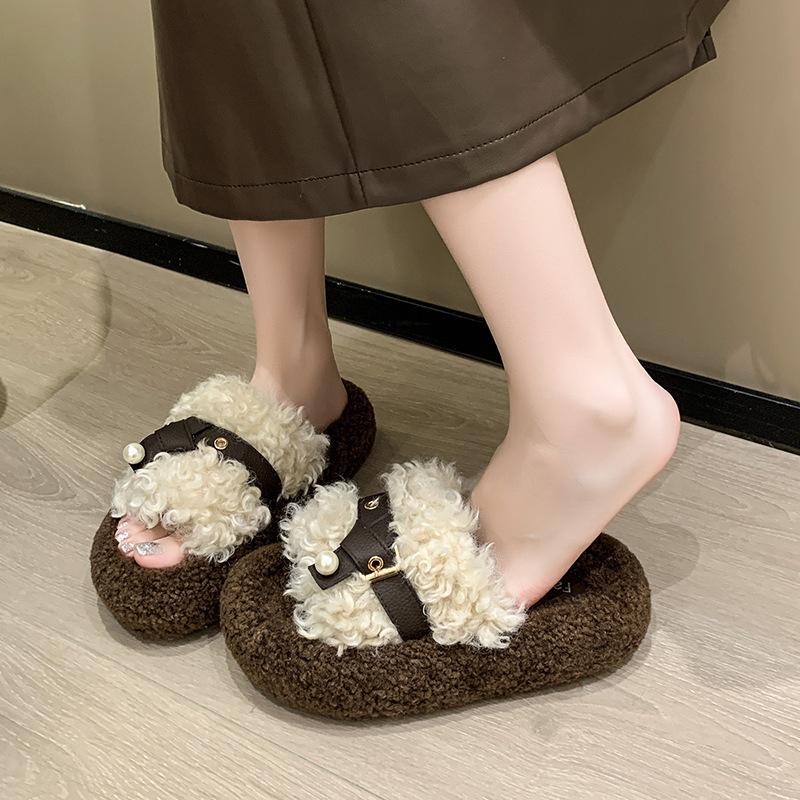 Retro Plüschdesign flauschige Hausschuhe Damen Oberbekleidung 2025 neu Herbst und Winter dicke Sohle erhöhend Gürtelschnalle Baumwollhausschuhe