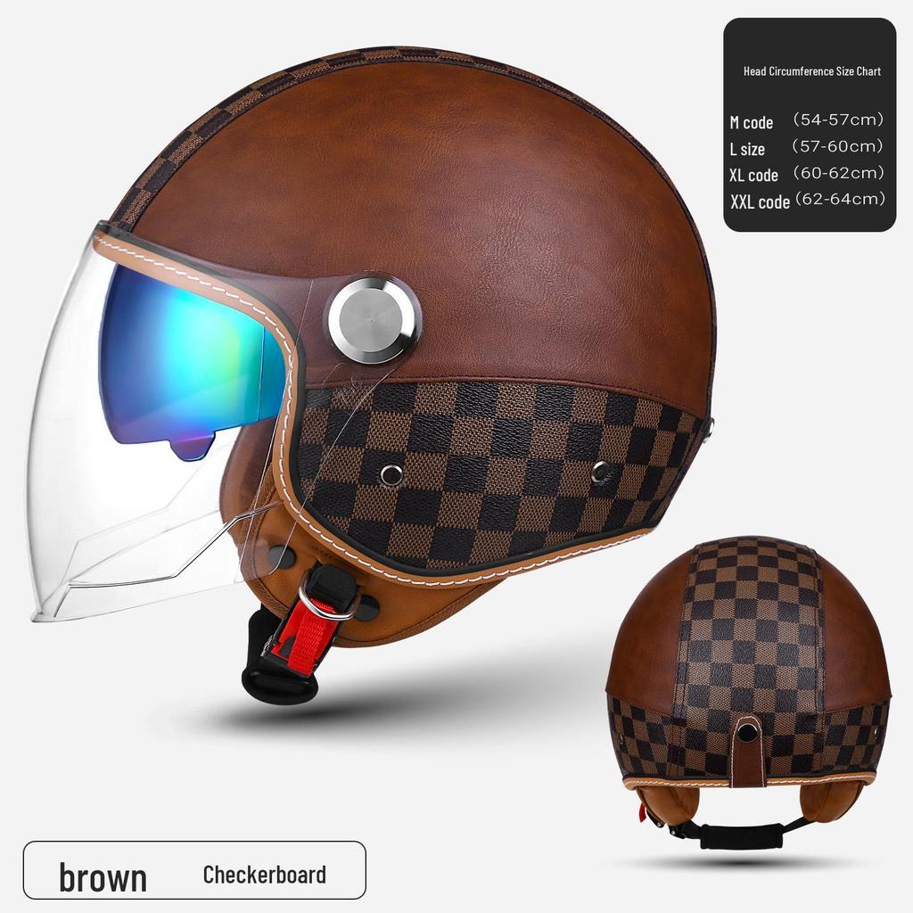3C Certified Retro Leather Electric Motorcycle Helmet with Dual Visor – Unisex, Warm for Autumn/Winter