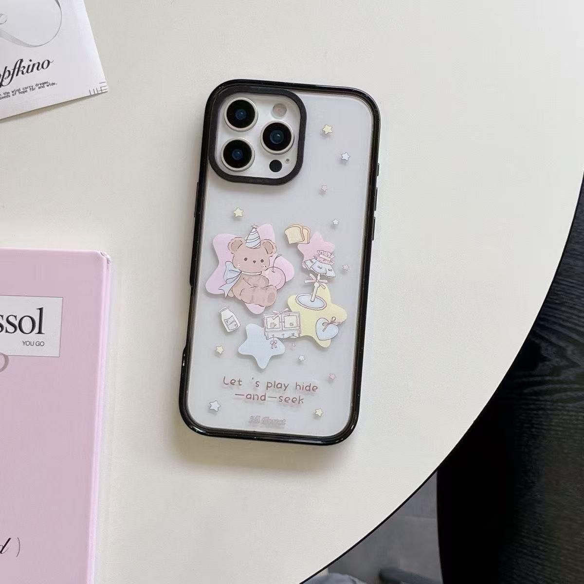 

Little Bear Cartoon Phone Case for Apple 13-17 Pro Max, Black Frame, Large Hole Compatibility Apple 16 Plus