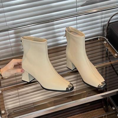 Winter Neue Schuhe mit dickem Absatz Damen Metallische eckige Spitze Steppnähte Bequem Reißverschluss hinten Kurze Stiefel
