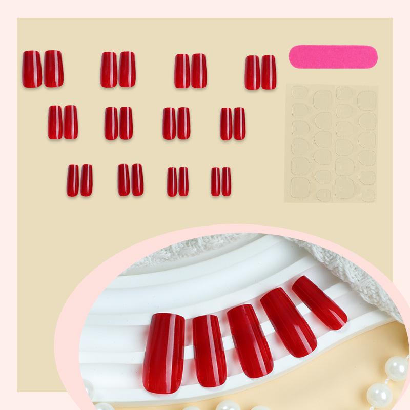 Medium-Long Red Press-On Nails - Solid Color High-End Fake Nails for New Year