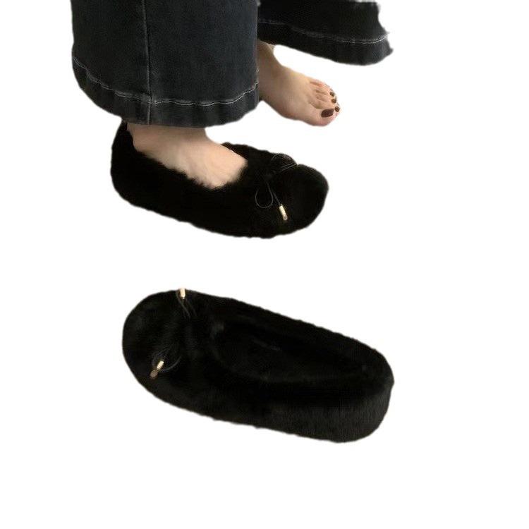 Gentle Fairy Wind Fluffy Shoes Female Outer Wear 2025 Autumn and Winter New Korean Version Soft-soled Cotton Shoes Flat-soled Velvet Doudou Shoes