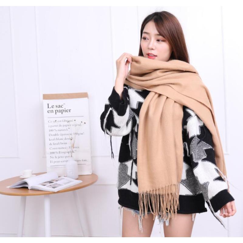 Imitation Cashmere Scarf for Women Winter Warm Thickened Solid Color Unisex Burgundy Dark Red Solid Color Tassel Scarf