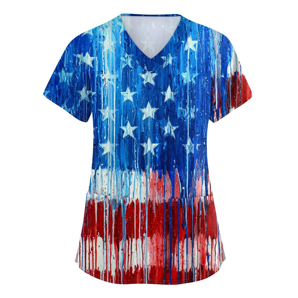 Women's Fashionable V-Neck Short-Sleeved Work Top With Pockets And Independence Day Print  Uniform