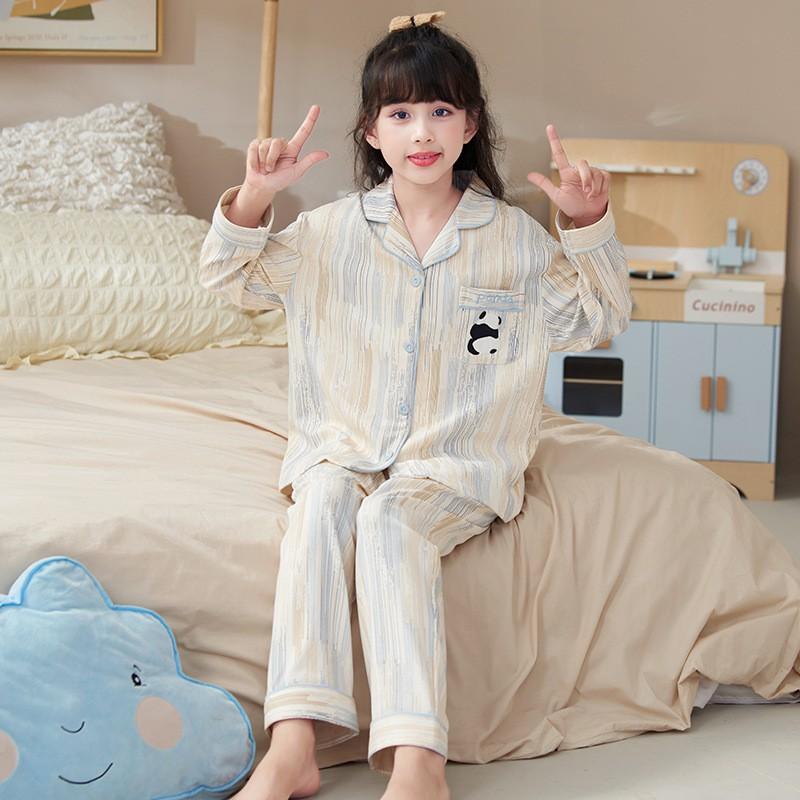 100% Cotton Girls Pajama Set Long Sleeve Cartoon Print Sleepwear Kids Teens Home Wear