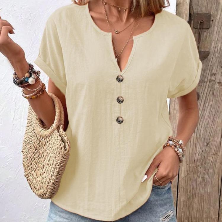Women's Casual Short Sleeve V Neck Button Down Solid Color Summer Shirt Top