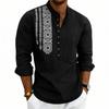 Men’s Long Sleeve Henley Shirt with Ethnic Embroidery Pattern Casual Loose Fit Button Front Design
