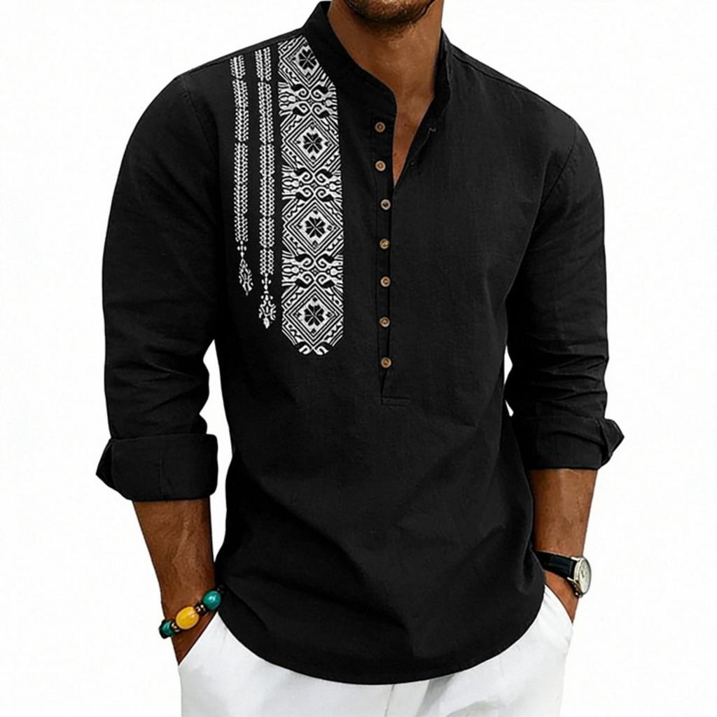 Men’s Long Sleeve Henley Shirt with Ethnic Embroidery Pattern Casual Loose Fit Button Front Design