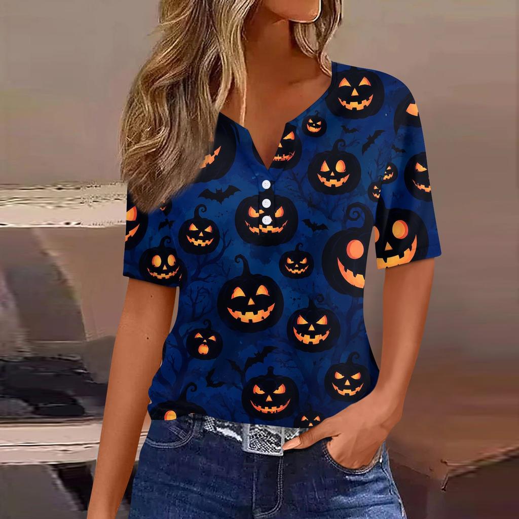 Women's Casual Halloween Print V Neck Short Sleeve Button T Shirt Top Lightweight Comfortable Fit