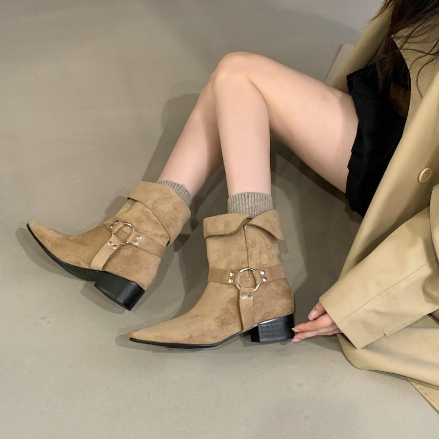 2025 New European and American Small Square Head Metal Buckle Thick Heel Short Boots Women's Fashion Suede Western Boots Medium Boots Short Boots