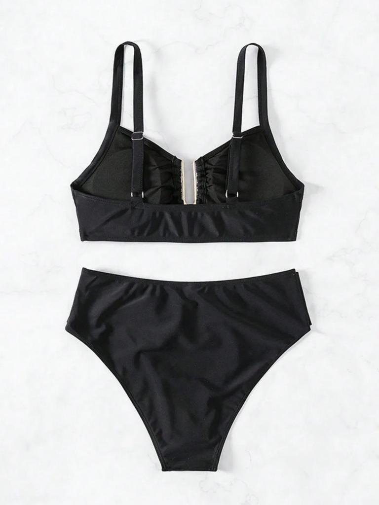 Solid Color High Waist Two Piece Swimsuit for Women U-neck Suspender Backless Bikini Set Beach Vacation Bathing Suit 2025 New