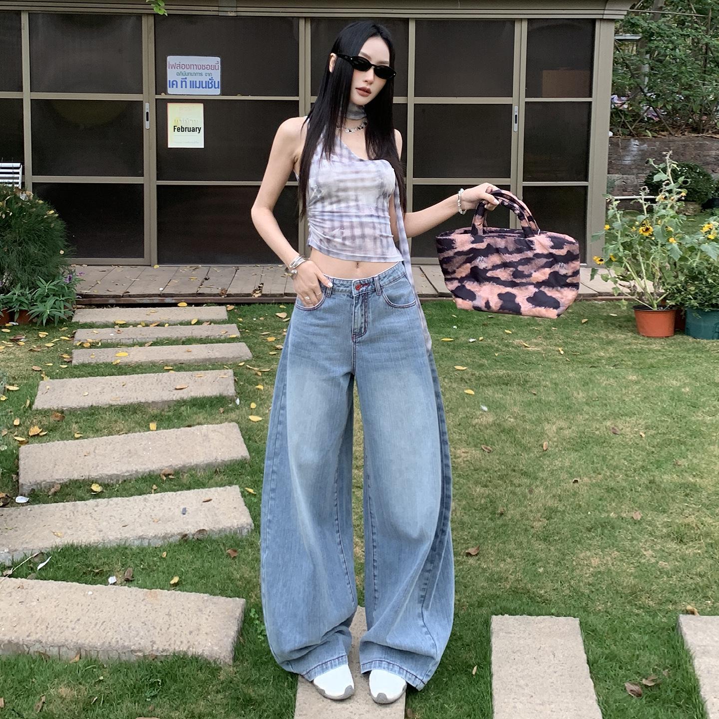 Retro Contrast Stitch Embroidered High-Waist Wide Leg Jeans for Women L