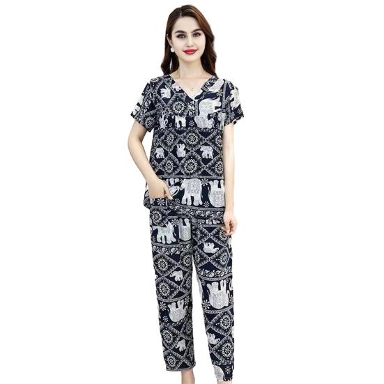 Women's Cotton Pajamas Set Short Sleeve Top Long Pants Casual Two-Piece Sleepwear Set Summer Plus Size Thin Loungewear for Elderly Mom