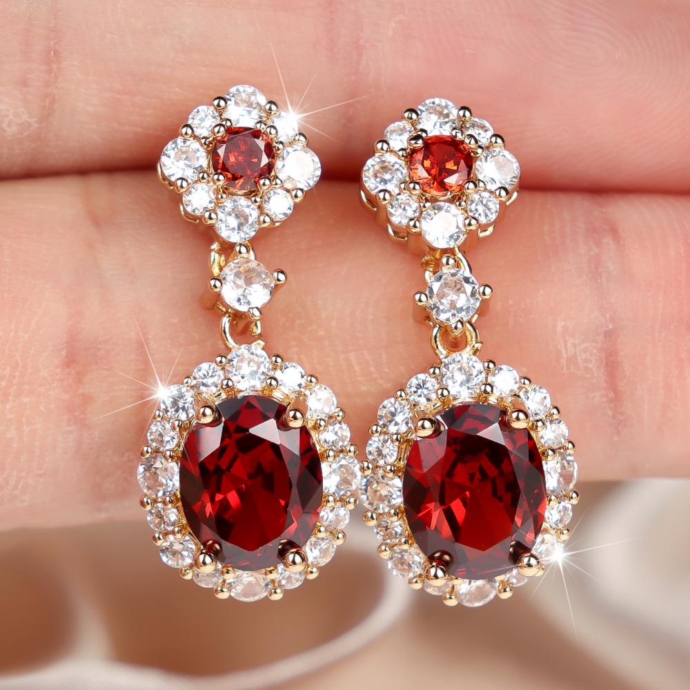 Gorgeous Gold Color Red Oval Zircon Drop Earrings for Women Daily Wear and Party
