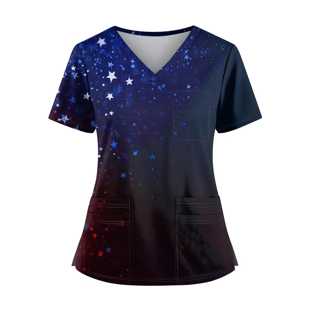 Uniforme Feminino com Estampa do Dia da Independência, Gola V, Bolsos Duplos, Manga Curta e Barra com Fenda - Top para Cuidador