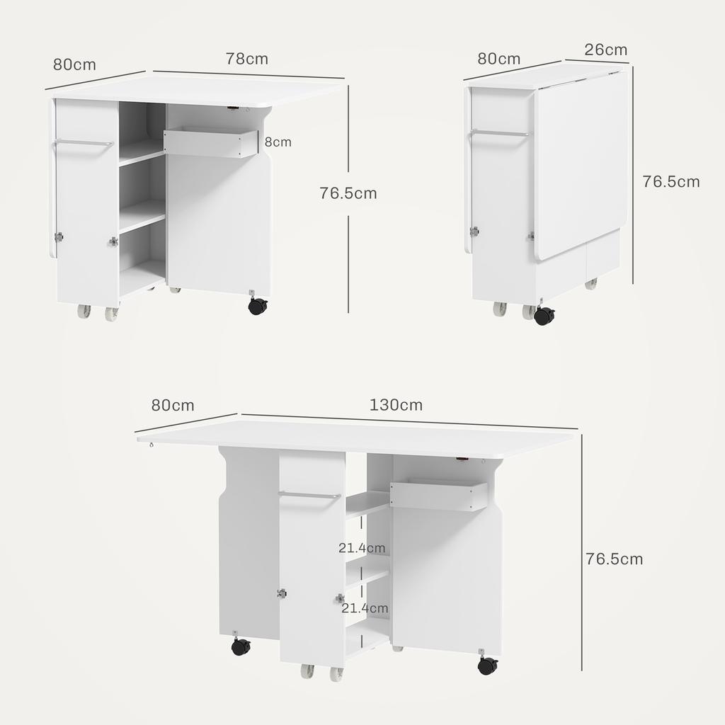 Folding Drop-Leaf Table with 3-Level Shelves, Box and Wheels, in MDF, 130x80x76.5 cm, White
