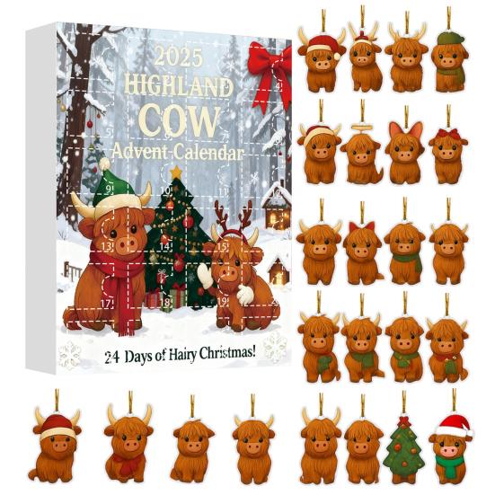 Highlandská kráva Adventní kalendář 2025 24denní krabička pro odpočítávání Vánoc s ozdobami Multifunkční dekorace na stromeček a sváteční zábava pro děti