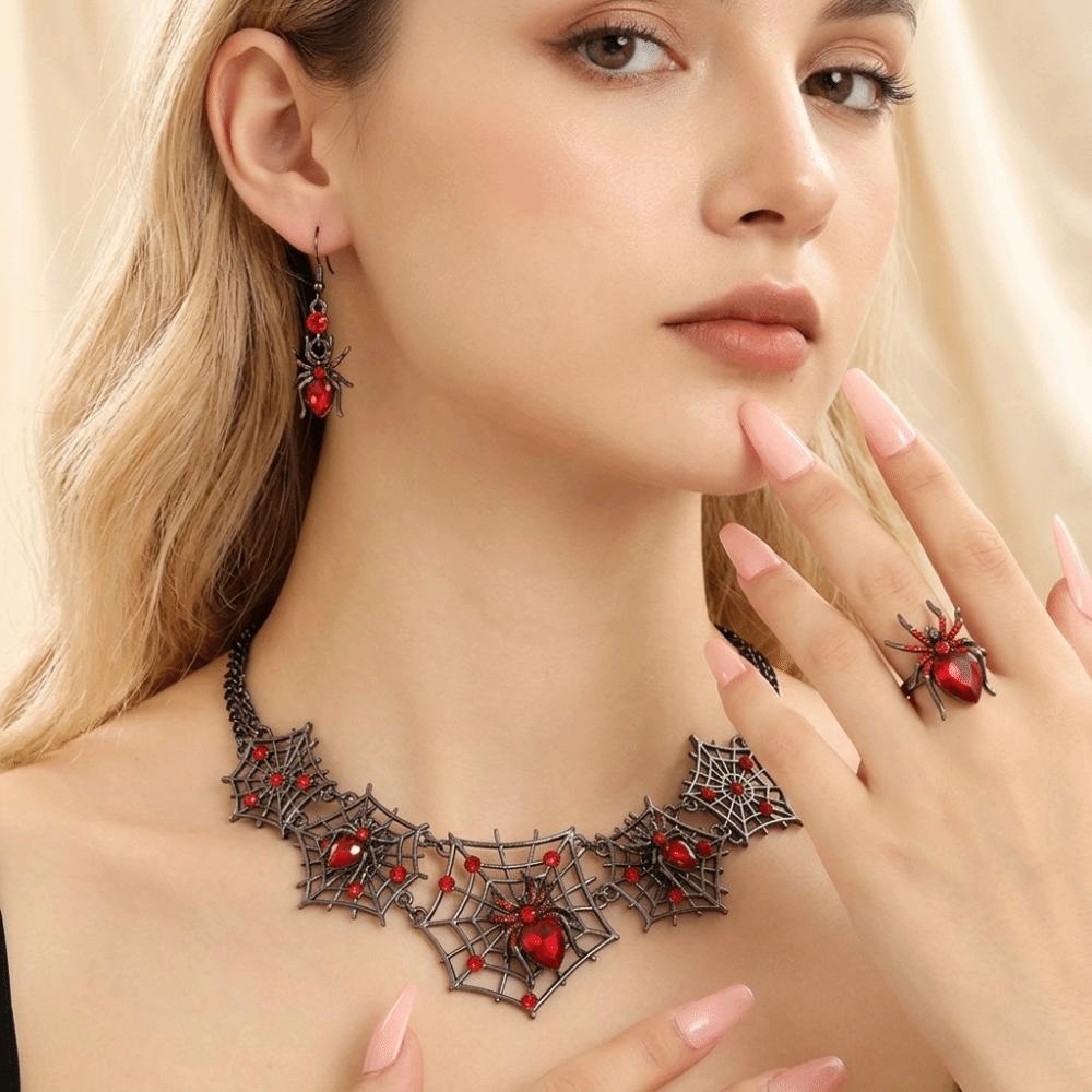 3pcs Zinc Zinc Zinc Alloy Black Spider Necklace Earrings Ring Set Punk Hollow Necklace Dark Theme Events