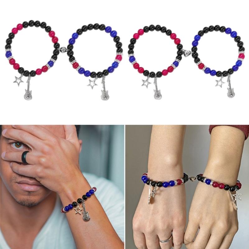 Magnetic Couple Matching Bracelets Best Friend Bracelet Guitar Star Charm Elastic Beaded Wristchain Birthday Jewelry