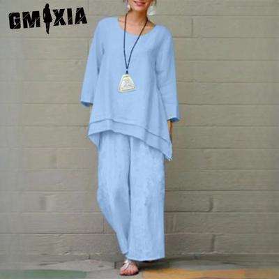 Damen Einfarbiges Vintage Hosen-Set Baumwolle Leinen Lässig Langarm Locker Baumwoll-Set