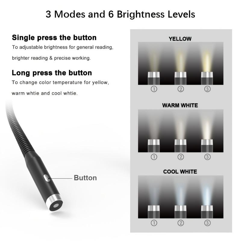 1PC Multi-function Neck-mounted Reading Light with 3 Brightness and Color Modes - Supports USB Charging, Adjustable Telescopic Arm