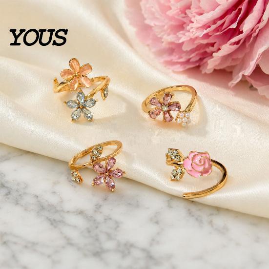 Corrosion Resistant Ring 4Pcs/Set Adjustable Set, Pink Flower Multi-Petal Design Finger Girly Ring, Stackable Multi-piece Set for Jewelry Gift